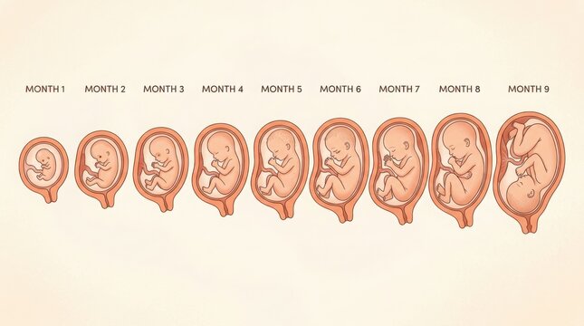 Stages of human fetal development from month one to nine illustration
