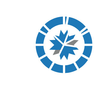 Blue circular logo with a stylized maple leaf