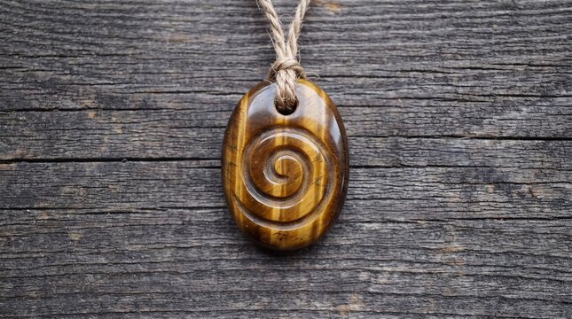 Tiger eye stone amulet on wooden background, crystal healing and spiritual concept