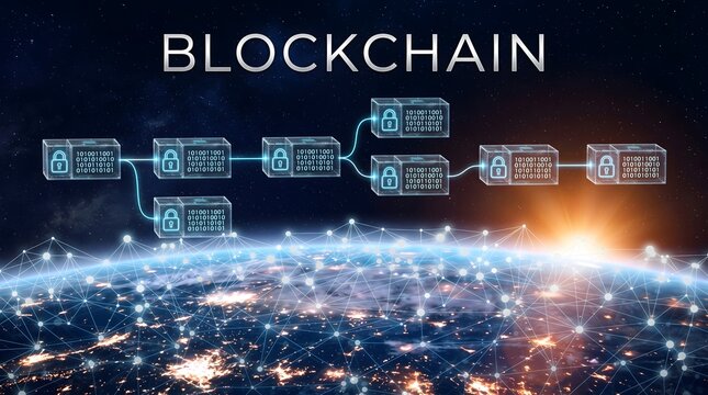 Global blockchain network with encrypted binary code cubes and padlock icons over planet earth representing decentralized security and fintech
