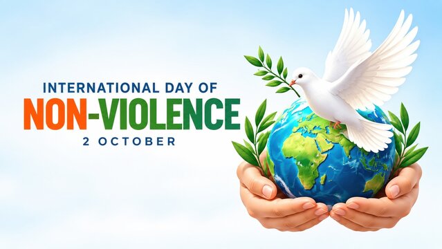 International Day of Non-Violence graphic with dove and globe in hands