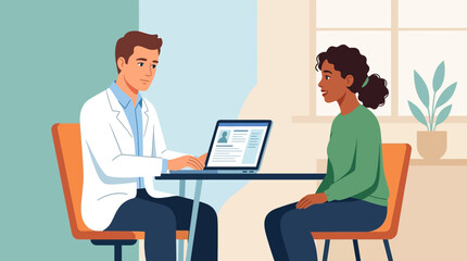 Fototapeta premium Doctor consulting patient with laptop at desk, healthcare consultation illustration