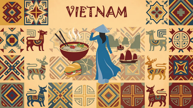 vietnam travel vector illustration set pho ao dai halong bay banh mi non la ethnic elements for invitation poster background postage stamp design