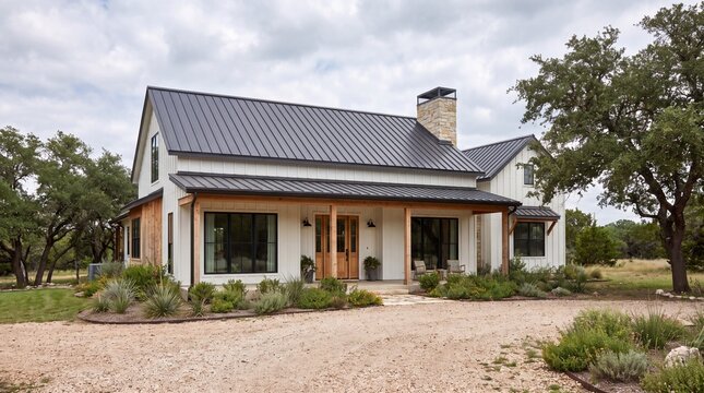 Modern farmhouse exterior combining rustic charm, contemporary architecture and metal roof