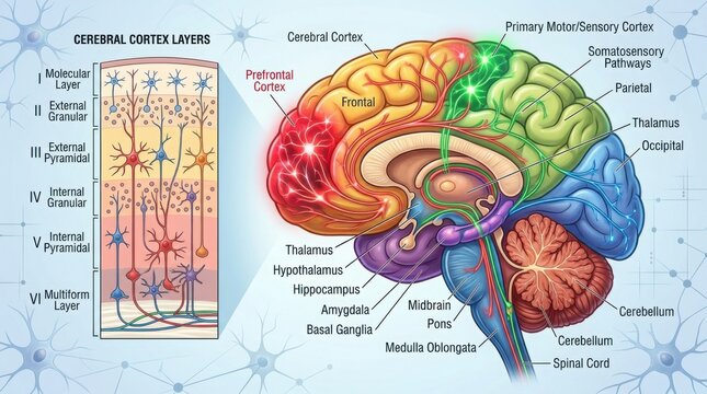 Educational diagram of human brain anatomy and cortex layers illustration