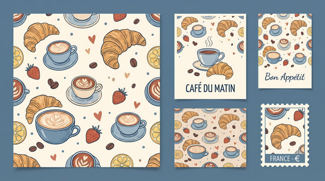 seamless coffee and croissant pattern cute french mediterranean vector illustration with lemon strawberry cappuccino and bean for cafe art poster kitchen card background or postage stamp design