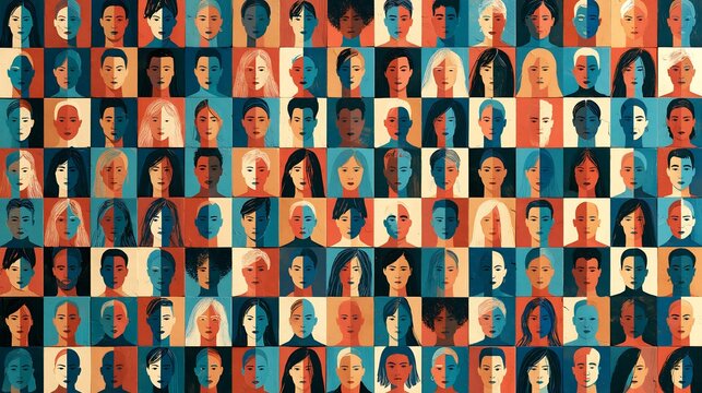 Diverse human faces arranged in geometric grid pattern, representing multicultural society and global community concept for social inclusion designs.