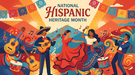 Fototapeta premium national hispanic heritage month vector illustration with flamenco dancers guitarist musician mexican papel picado spanish latin american culture music and dance for poster banner background
