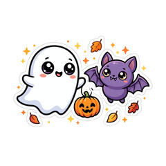 Obraz premium Cute happy baby ghost purple bat and orange pumpkin celebrating helloween