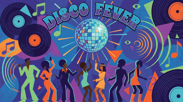 disco party vector illustration with dancing people mirror ball vinyl records and musical geometric shapes retro club event banner poster flyer and background design for music and dance vibes