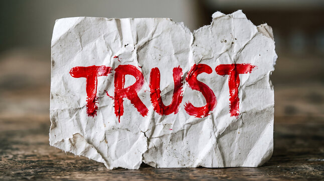 Crumbled paper with word trust written in red paint symbolizing broken confidence
