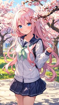 Anime girl with pink hair standing under blooming cherry blossom trees