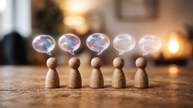Five wooden figures holding speech bubbles with transparent soap bubbles inside