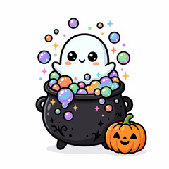 Obraz premium Cute ghost in cauldron with colorful bubbles and spooky pumpkin for cute helloween celebration