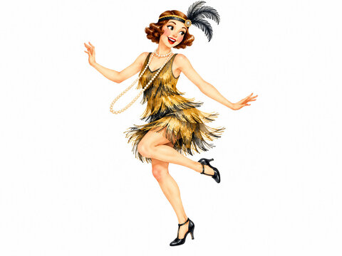 Lively 1920s-inspired jazz dancers in elegant vintage clothing, captured in energetic dance poses and isolated on white with copy space.