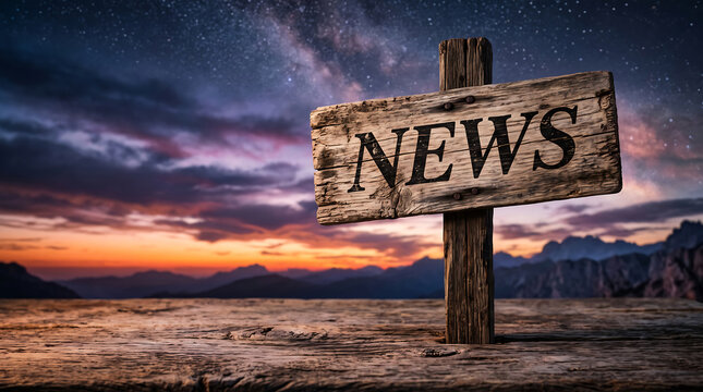 Wooden signpost displaying news against stunning sunset mountain landscape scenery