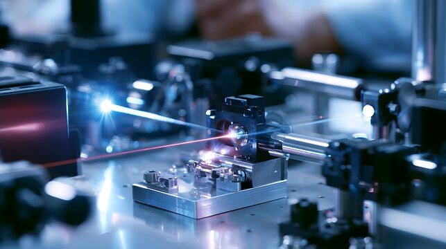 A high precision optical setup with laser beams and metallic components in a controlled laboratory environment