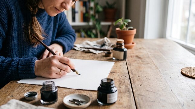Woman practicing calligraphy with ink and dip pen at a wooden desk
