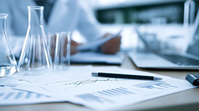 Scientific research workspace with glassware  charts  and a person analyzing data in a modern lab setting
