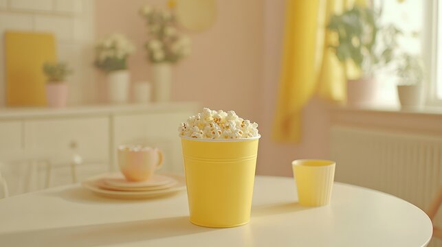 Popcorn in yellow cup on a table