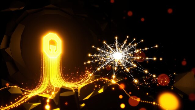 Bright golden lock, glowing lines, abstract shapes. Digital network, energy burst, dark background creates dramatic effect.