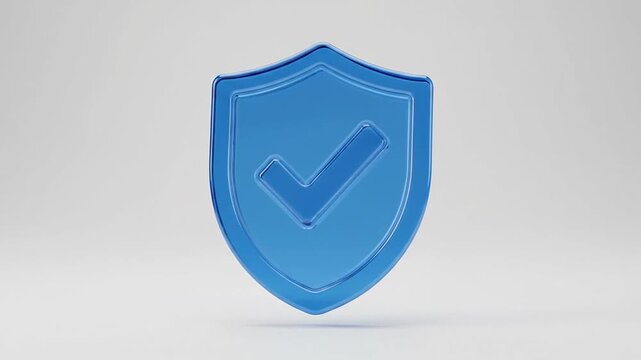 Blue glass shield with checkmark rotating on white background