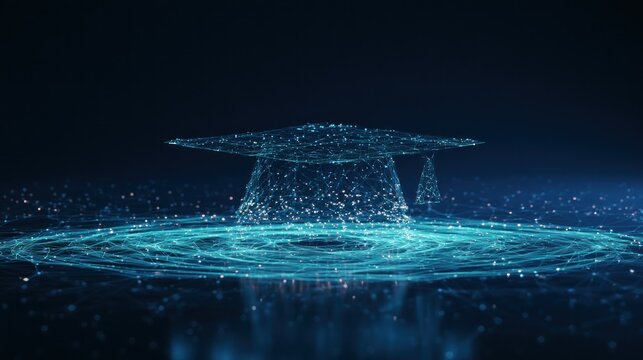 Abstract digital graduation cap floating above futuristic network