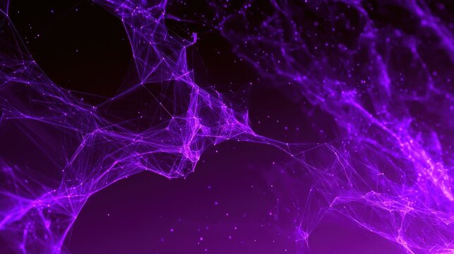 Abstract glowing purple network grid with floating particles in dark space