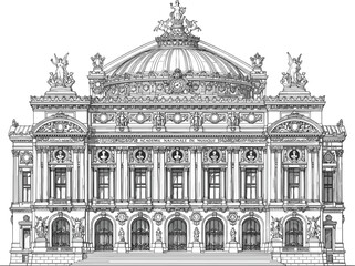 Obraz premium Detailed architectural facade drawing of the famous historic Palais Garnier opera house building landmark in Paris France