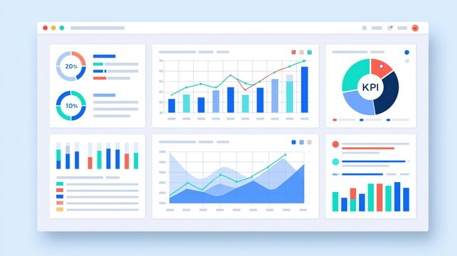 Financial dashboard with colorful charts and graphs on a clean white background showing growth and analysis