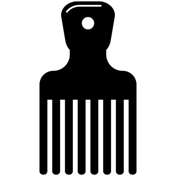 Glyph style icon illustration of an afro pick wide tooth hair comb isolated on transparent background. Black solid silhouette design element clip art for barber haircut accessories.