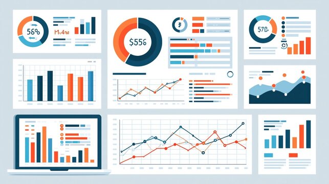 Financial dashboards with charts and graphs on a digital screen and white background for business analysis