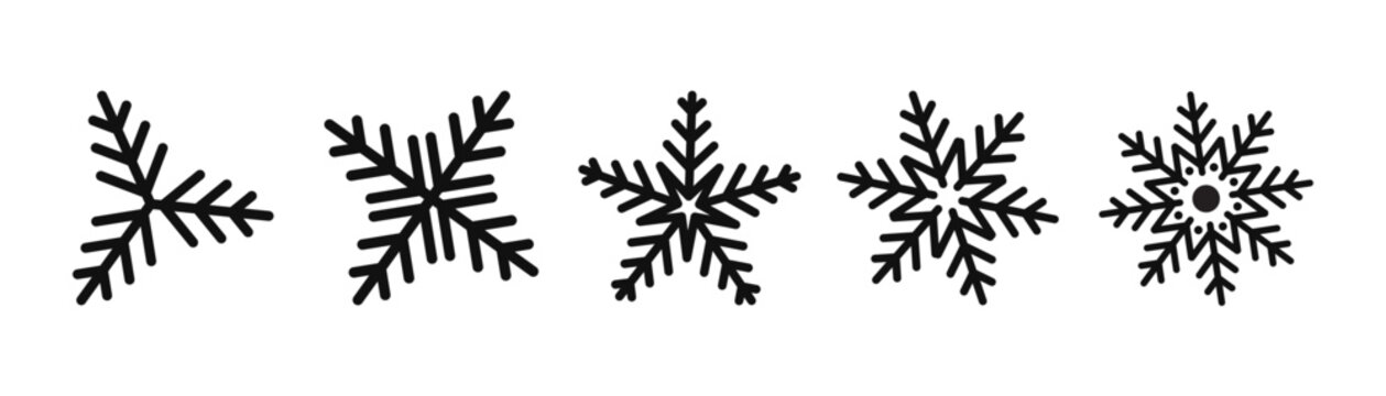 Snowflake Line Art Icon Set with Winter Frost Motifs, Minimalist Ice Crystal Design Vector Elements
