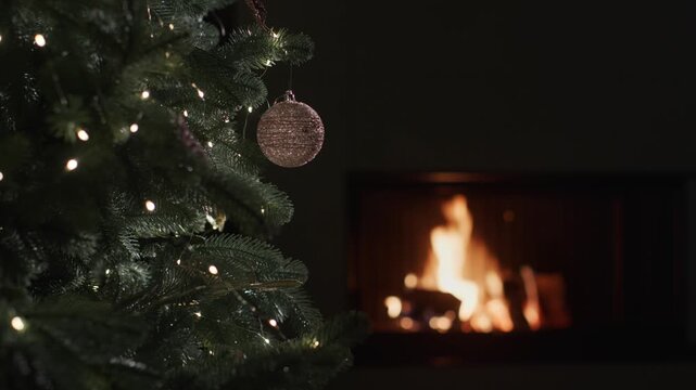 Cozy christmas tree with glowing lights and warm fireplace glowing in background.