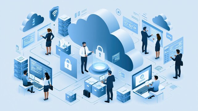 Business people collaborating on a digital cloud network with secure data storage and connectivity