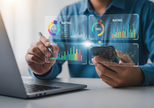 Analyzing data on laptop and mobile devices with various charts and graphs displayed