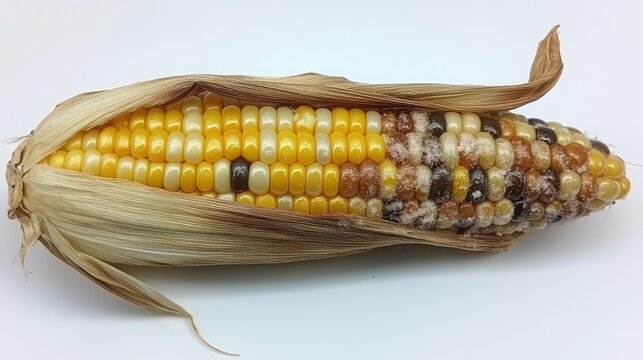 Close up of multicolored corn on white background