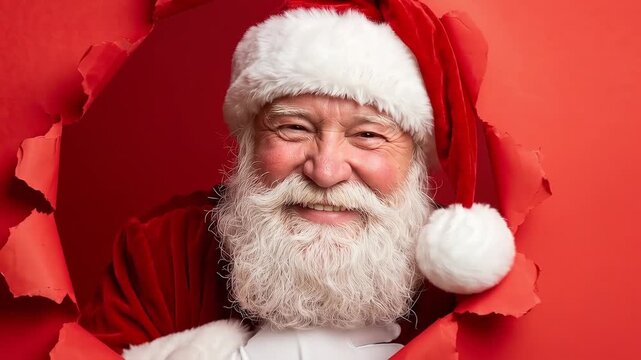 Cheerful santa claus waving hello through a hole in bright red paper for a fun christmas holiday season greeting