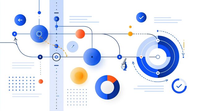 Abstract data flow diagram with circular charts and checkmarks during digital process visualization