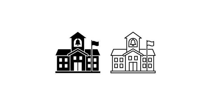School building icon set with solid and outline graphic styles for educational branding.