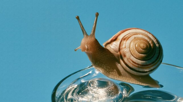 Snail with spiral shell crawling on transparent cosmetic gel or snail mucin against bright blue background.