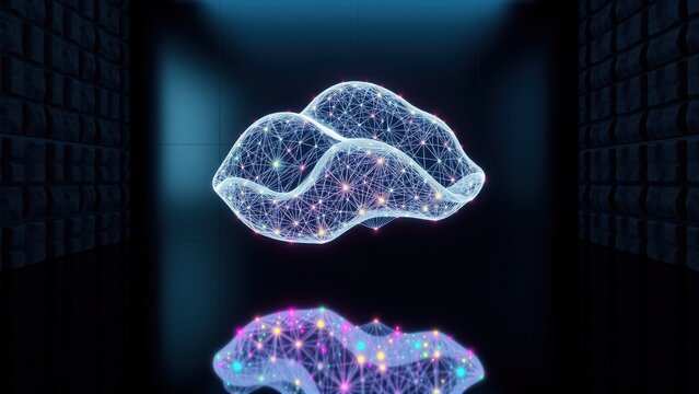 Polygonal cloud illustration glows within brick walls. Bright lines connect points forming shape, reflection visible below. Futuristic design.