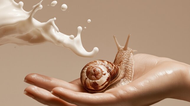 Snail with spiral shell crawling on hand with white creamy cosmetic splash on warm beige background.