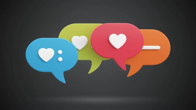 Social media message bubbles with animated likes and hearts during a digital conversation loop