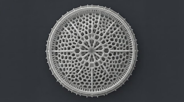 Microscopic view of a circular diatom shell with intricate geometric pattern