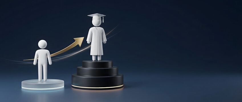Conceptual 3D Illustration of Academic Success and Personal Growth Showing a Figure in a Graduation Gown Standing on a Tiered Podium with a Rising Golden Arrow Toward a Better Career Future