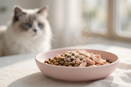 A fluffy white cat eagerly watches as nutritional powder sprinkles over a delicious pink bowl filled with dry kibble and tender meat pieces