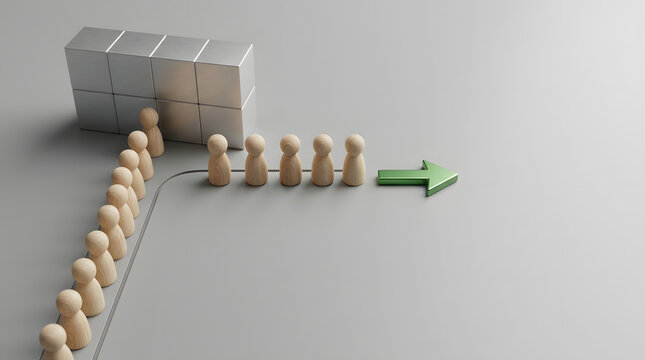 Wooden Peg People Standing in Line and Following a Green Arrow to Bypass a Metallic Block Obstacle Representing Efficient Banking Queue Management and Strategic Business Solution Processes