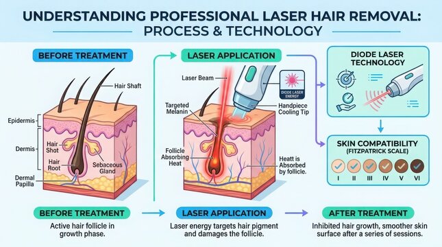 Laser hair removal process and skin technology infographic illustration