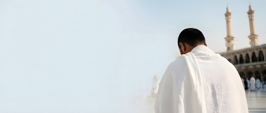 Muslim Pilgrim Wearing White Ihram Clothing Standing and Looking at the Minarets of the Grand Mosque During Hajj or Umrah Pilgrimage in Mecca Saudi Arabia with Copy Space for Religious Concept